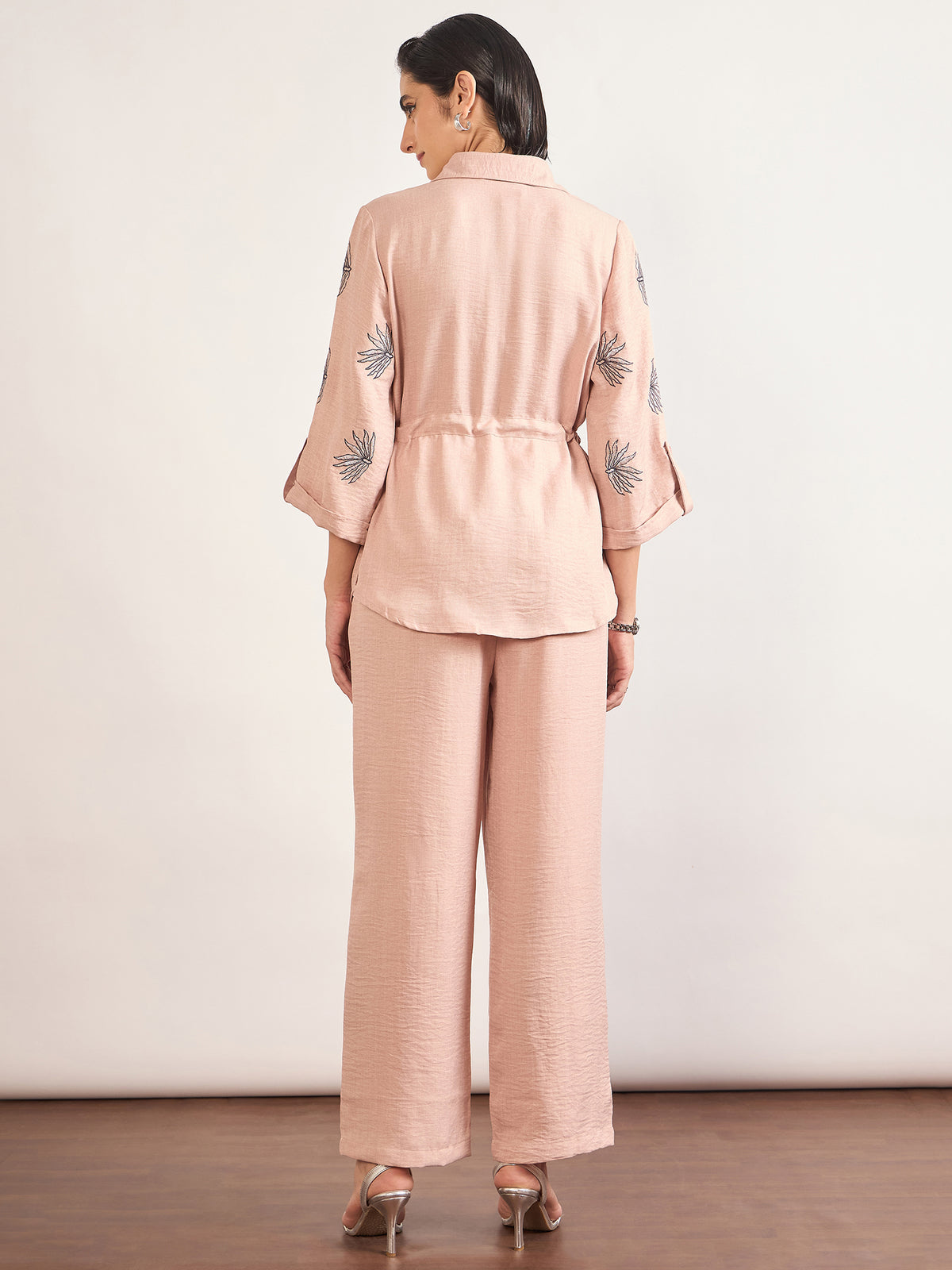 Beige Nylon Viscose Embroidery Co-Ord Set