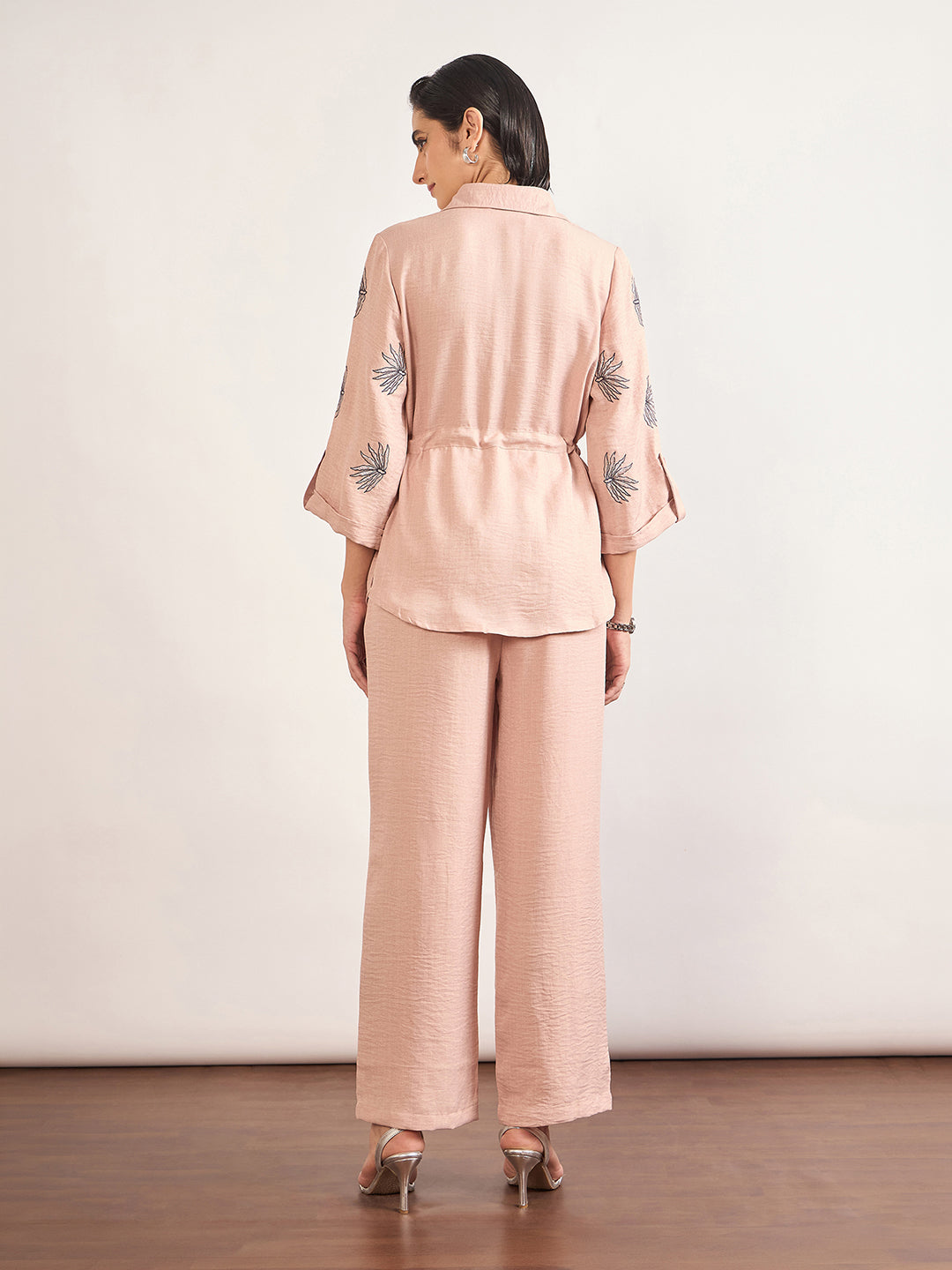 Beige Nylon Viscose Embroidery Co-Ord Set