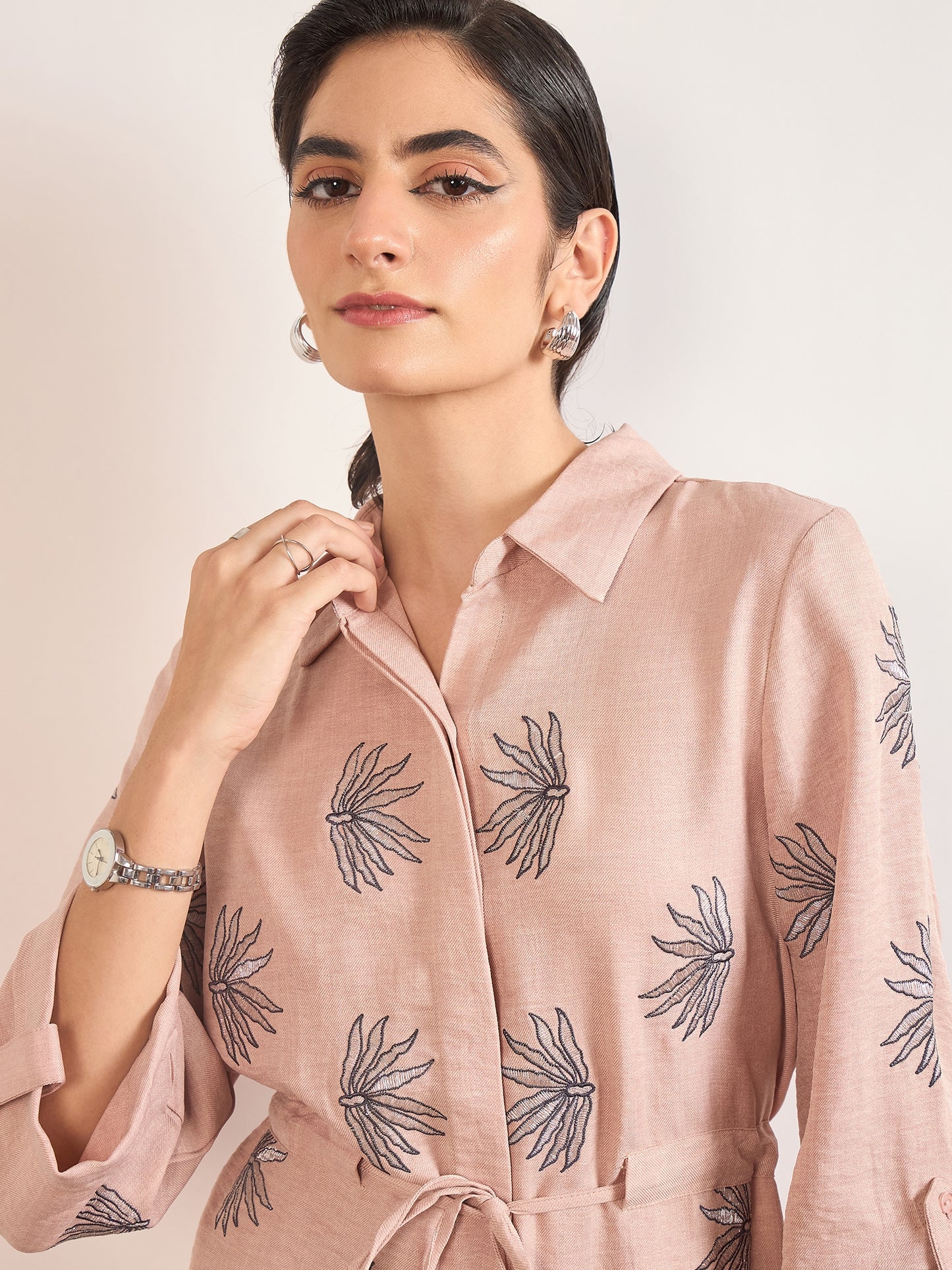 Beige Nylon Viscose Embroidery Co-Ord Set