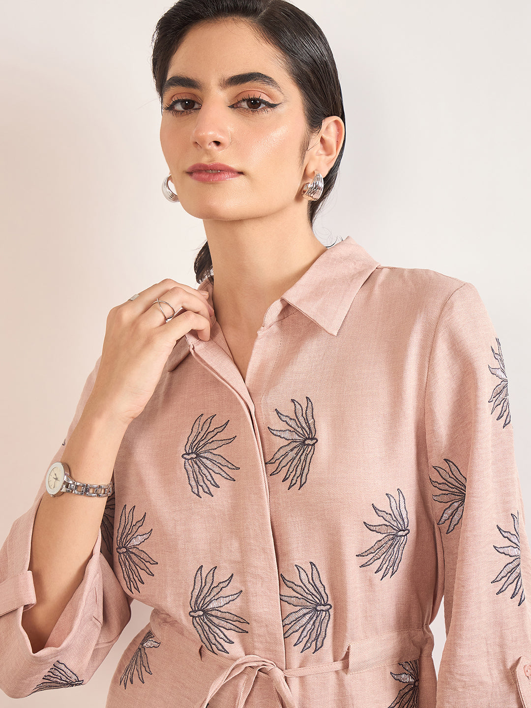 Beige Nylon Viscose Embroidery Co-Ord Set