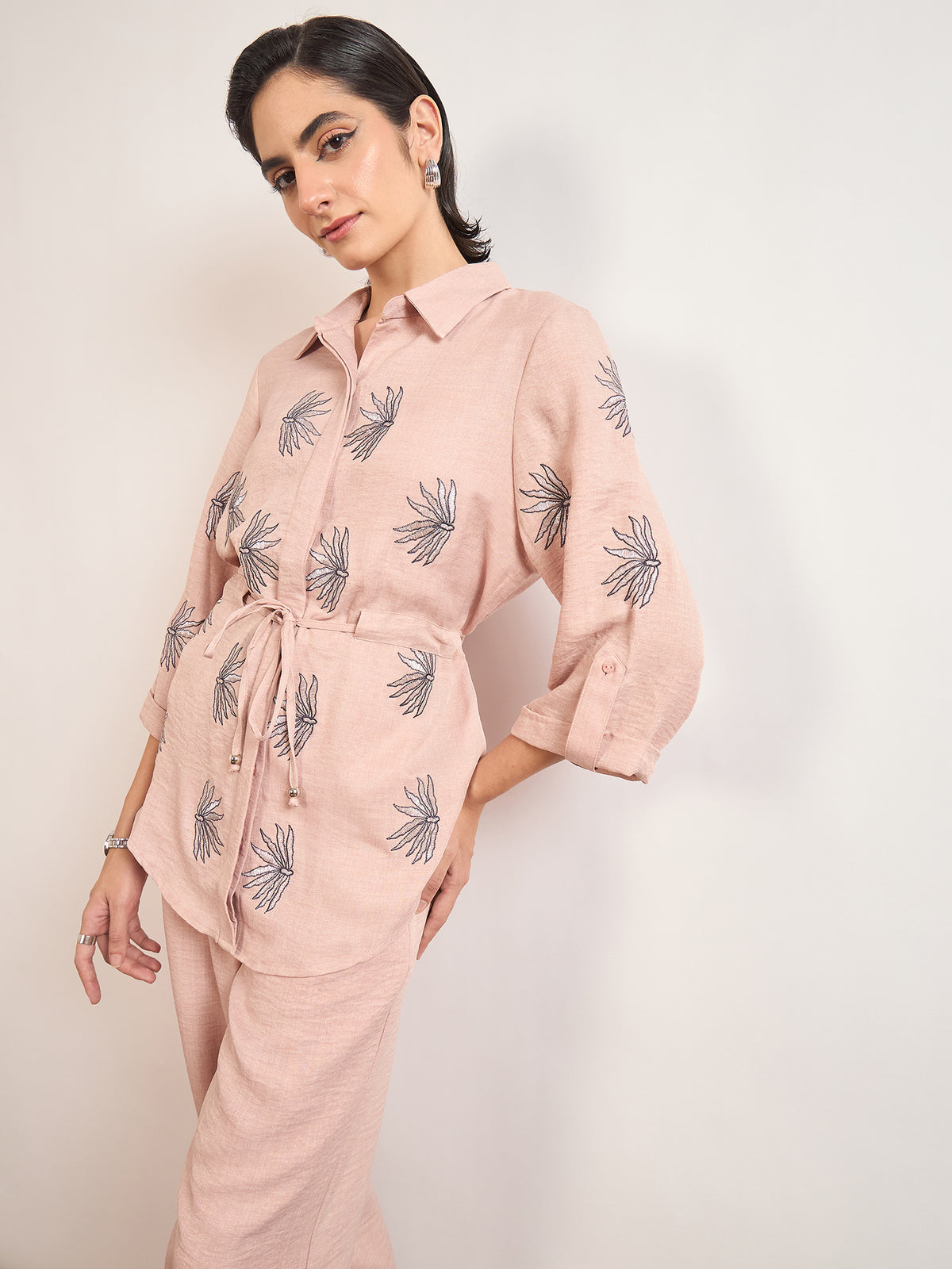 Beige Nylon Viscose Embroidery Co-Ord Set
