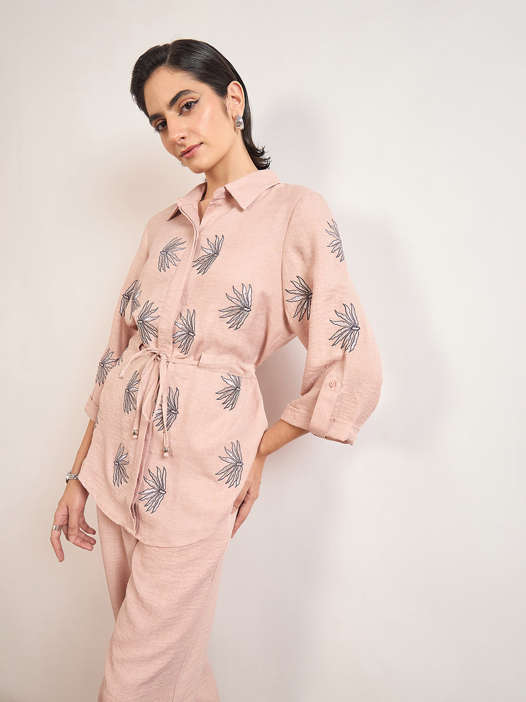 Beige Nylon Viscose Embroidery Co-Ord Set