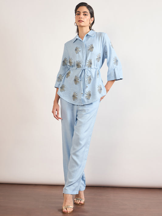 Light Blue Nylon Viscose Embroidery Co-Ord Set