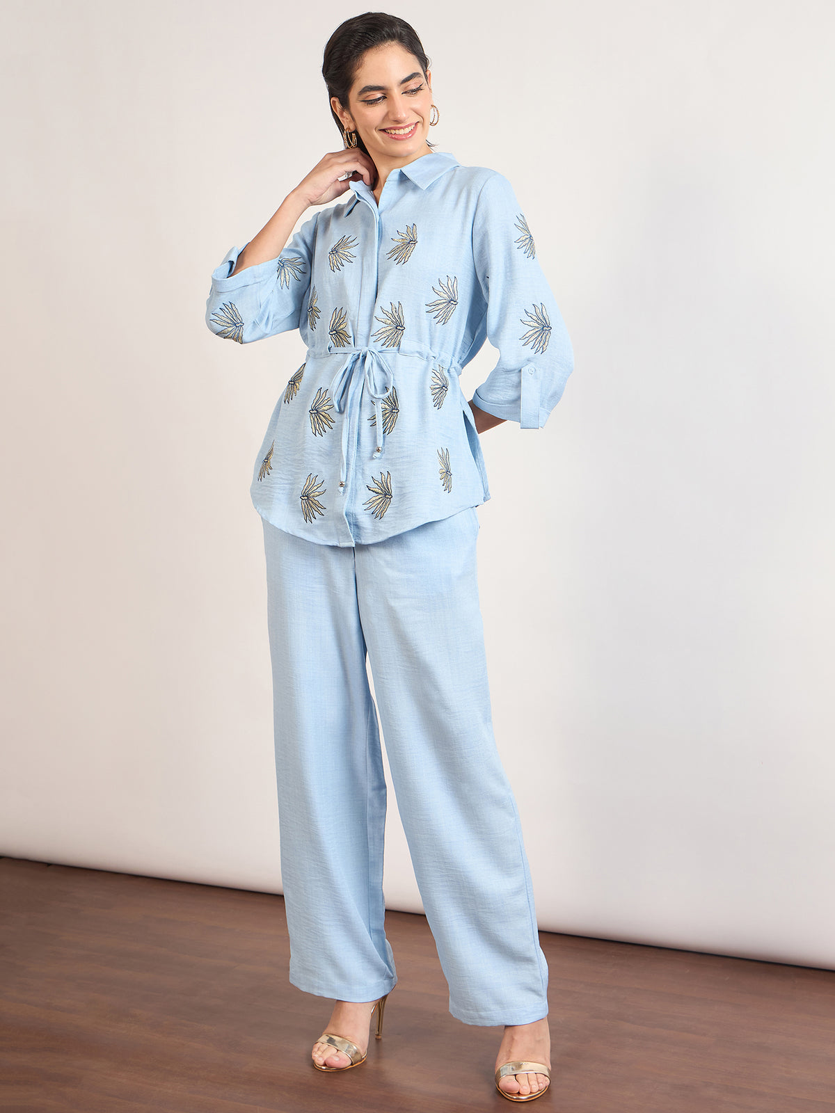Light Blue Nylon Viscose Embroidery Co-Ord Set