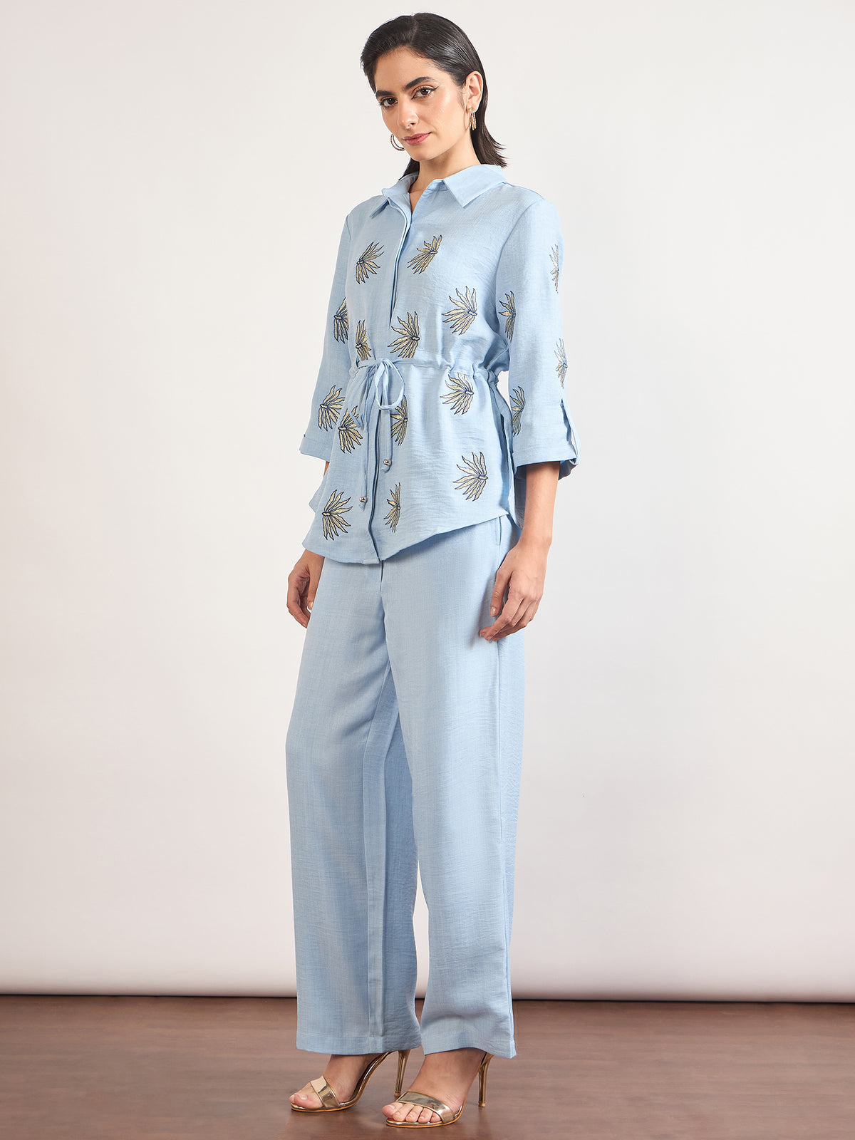 Light Blue Nylon Viscose Embroidery Co-Ord Set