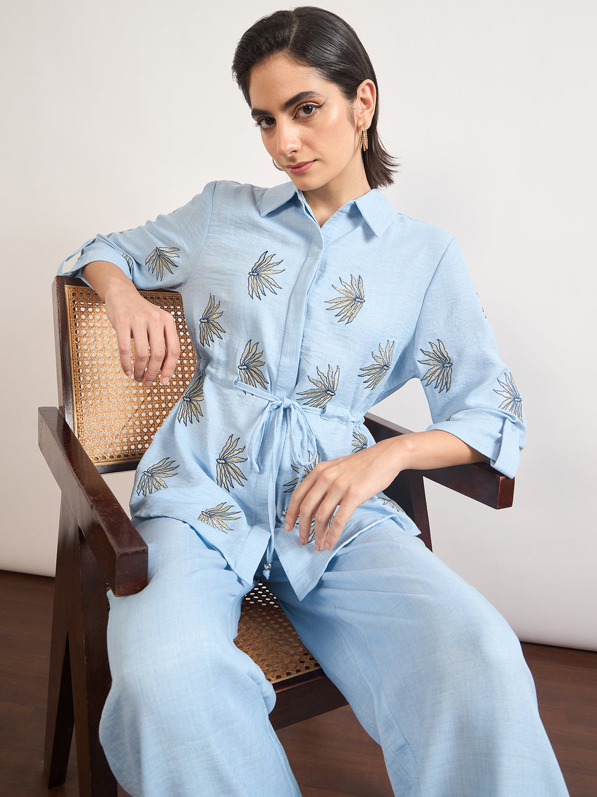 Light Blue Nylon Viscose Embroidery Co-Ord Set