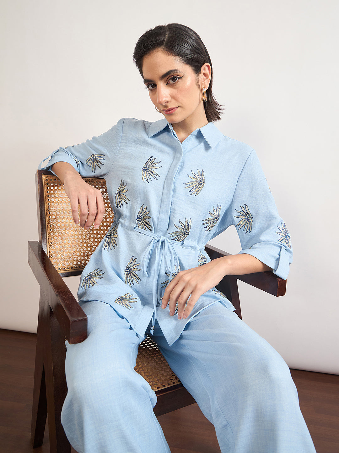 Light Blue Nylon Viscose Embroidery Co-Ord Set