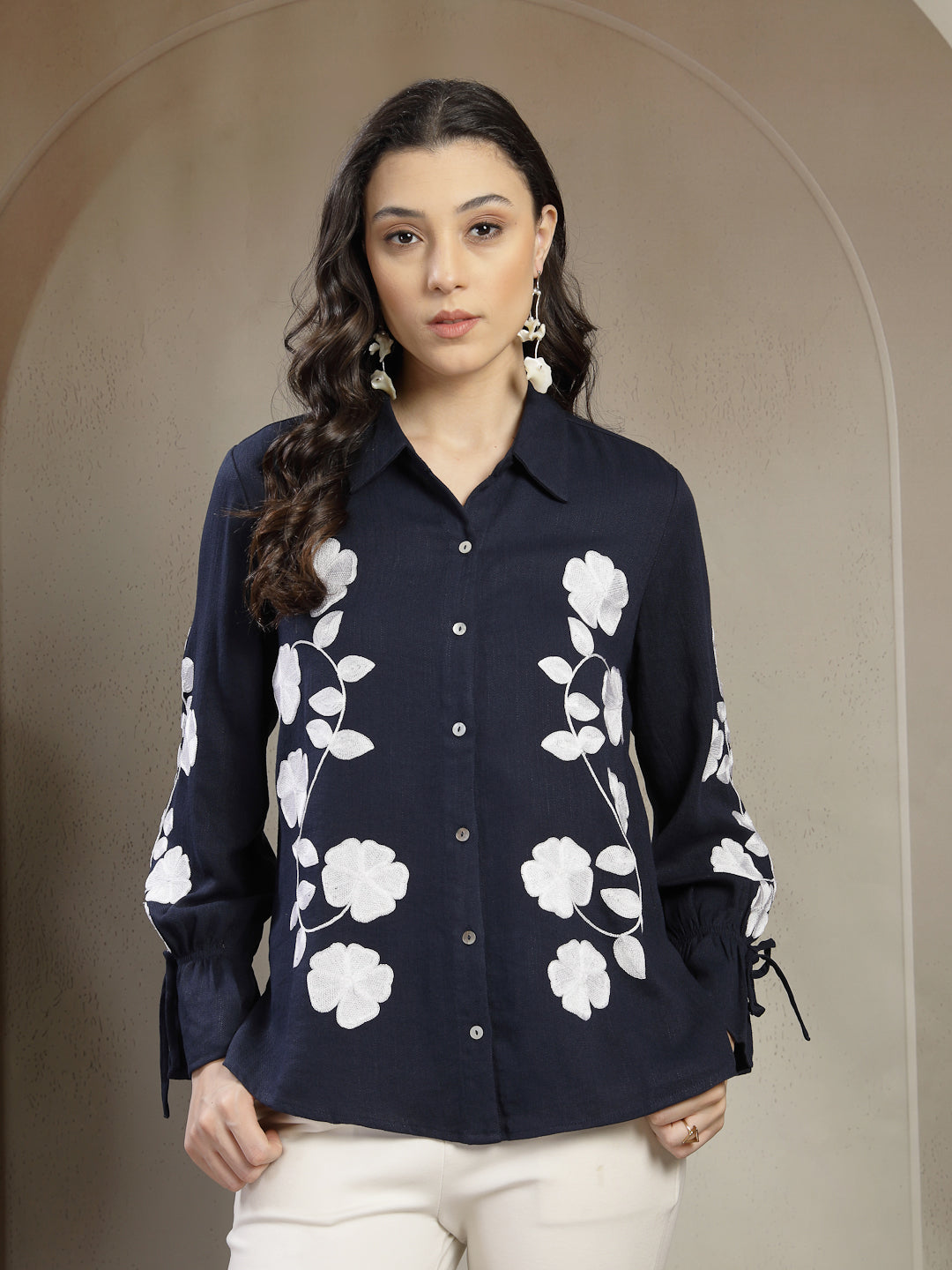 Gipsy NAVY Shirt with Intricate Machine Embroidery and Elegant Shell Buttons