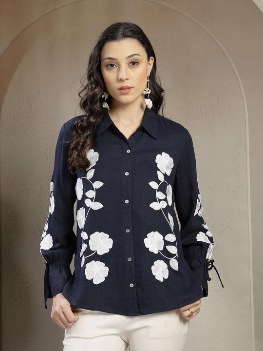 Gipsy Navy Shirt with Intricate Machine Embroidery and Elegant Shell Buttons