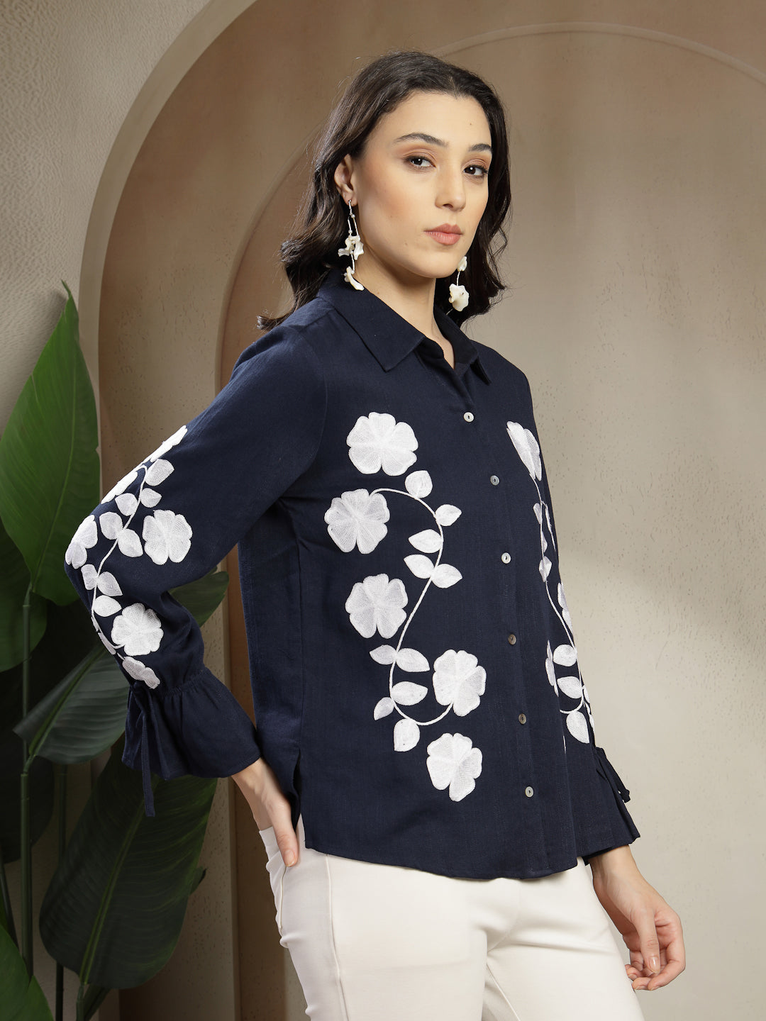 Gipsy Navy Shirt with Intricate Machine Embroidery and Elegant Shell Buttons