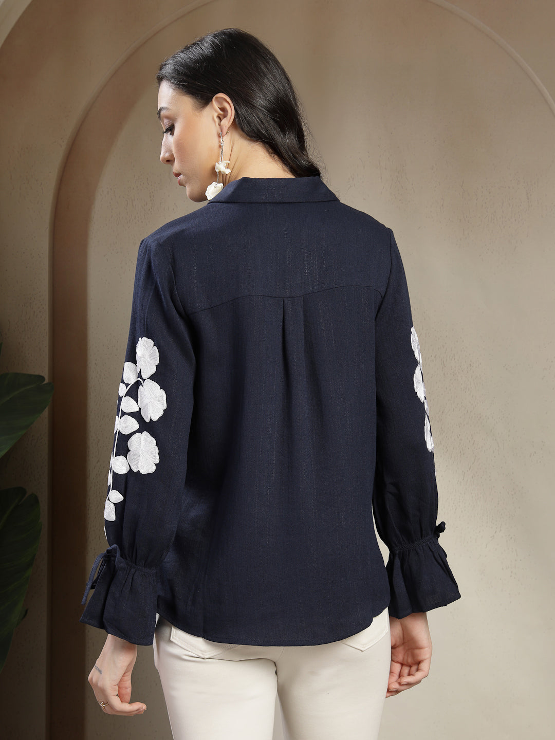 Gipsy Navy Shirt with Intricate Machine Embroidery and Elegant Shell Buttons