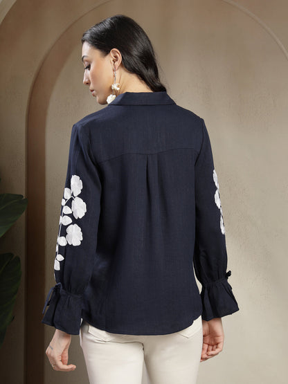 Gipsy Navy Shirt with Intricate Machine Embroidery and Elegant Shell Buttons