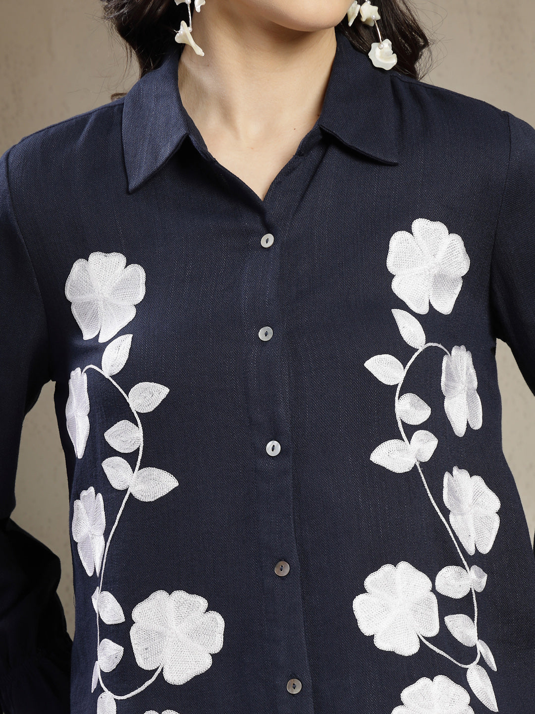Gipsy Navy Shirt with Intricate Machine Embroidery and Elegant Shell Buttons