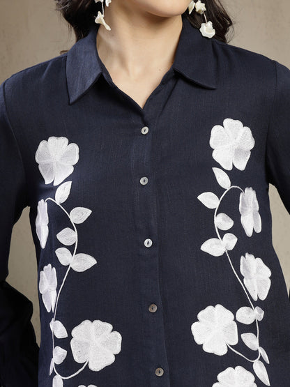 Gipsy Navy Shirt with Intricate Machine Embroidery and Elegant Shell Buttons
