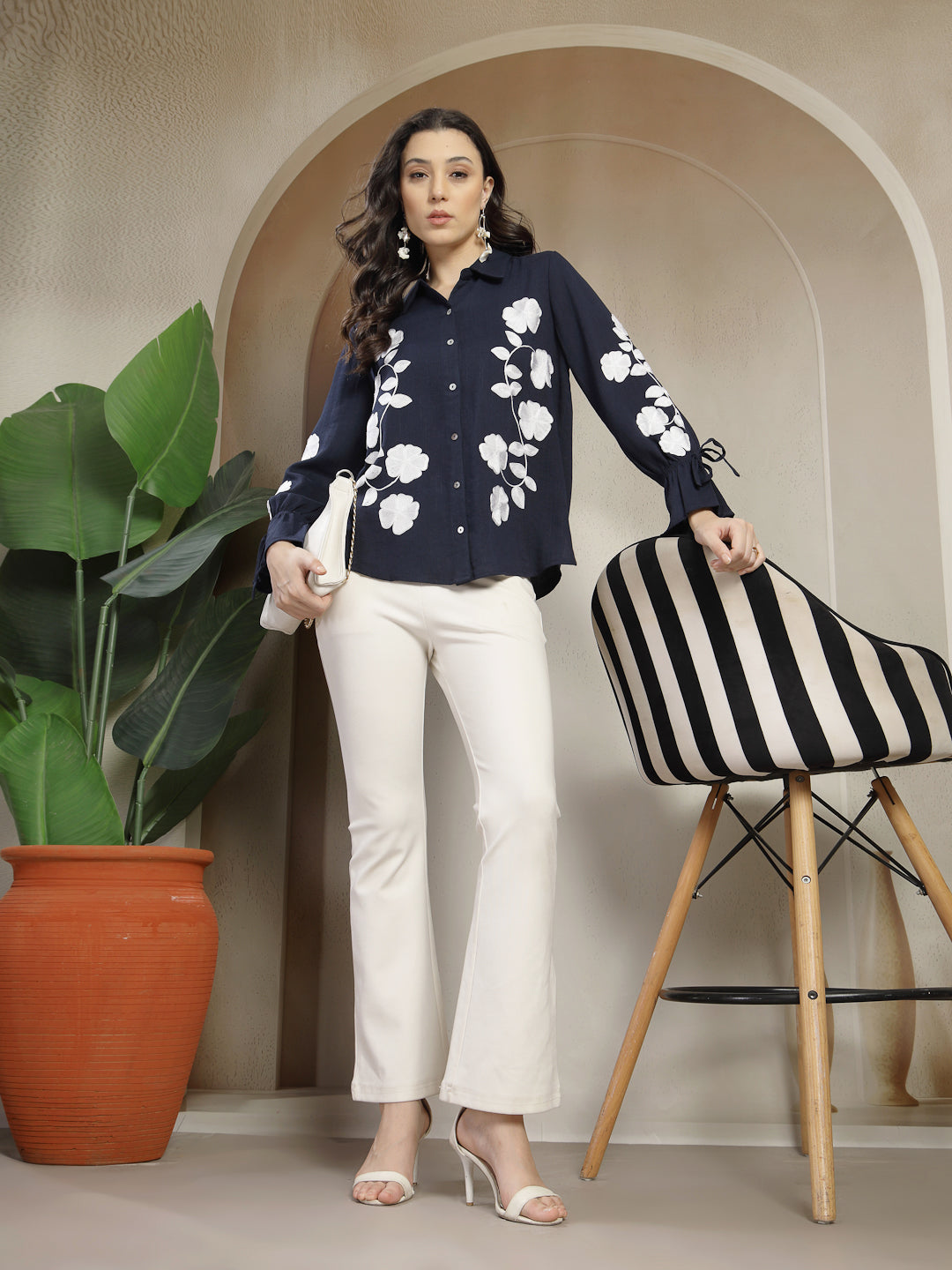 Gipsy Navy Shirt with Intricate Machine Embroidery and Elegant Shell Buttons