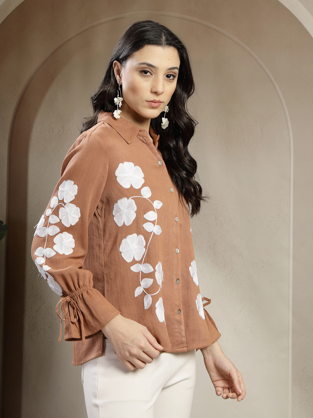 Gipsy Tan Shirt with Intricate Machine Embroidery and Elegant Shell Buttons