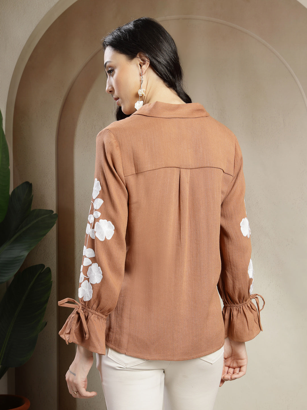 Gipsy Tan Shirt with Intricate Machine Embroidery and Elegant Shell Buttons