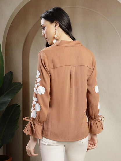 Gipsy Tan Shirt with Intricate Machine Embroidery and Elegant Shell Buttons