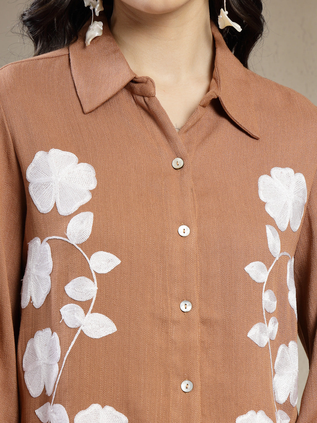 Gipsy Tan Shirt with Intricate Machine Embroidery and Elegant Shell Buttons