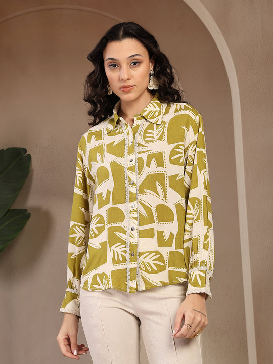 Gipsy Lime Green Printed Rayon Shirt