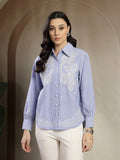 Gipsy Blue Cotton Stripe Shirt with Embroidery and Pearl Buttons