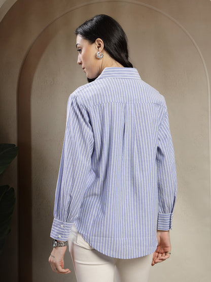 Gipsy Blue Cotton Stripe Shirt with Embroidery and Pearl Buttons