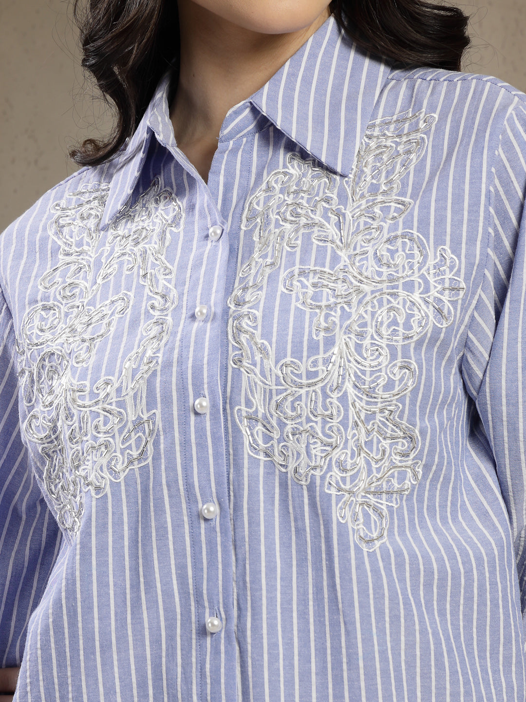 Gipsy Blue Cotton Stripe Shirt with Embroidery and Pearl Buttons