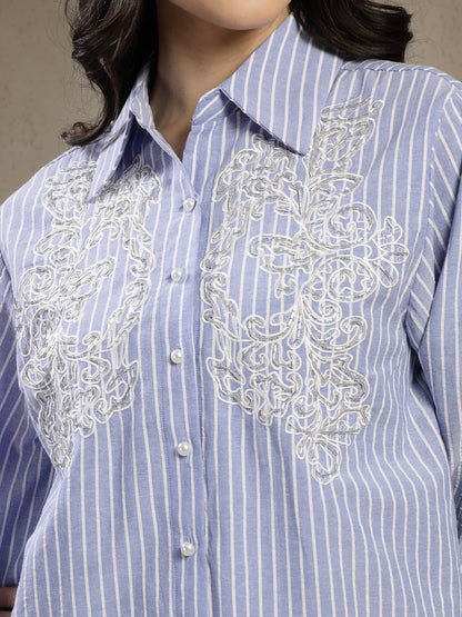 Gipsy Blue Cotton Stripe Shirt with Embroidery and Pearl Buttons