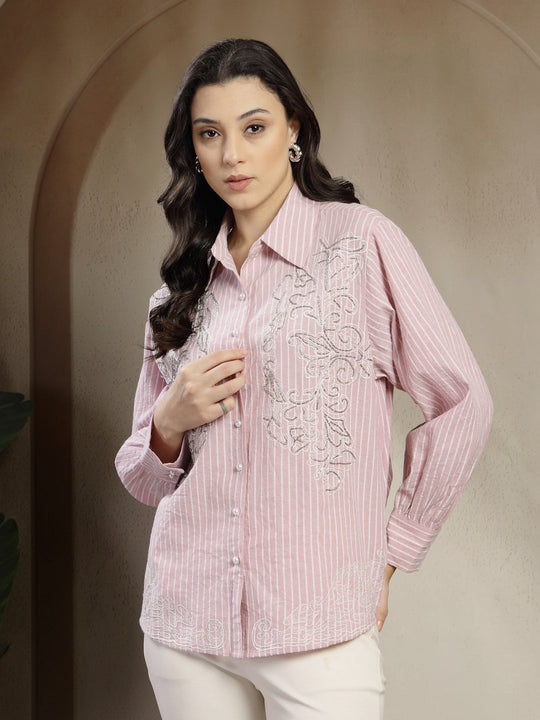Gipsy Pink Cotton Stripe  Shirt with Embroidery and Pearl Buttons