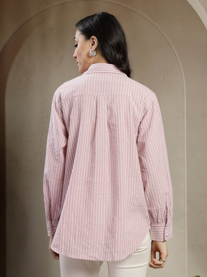 Gipsy Pink Cotton Stripe  Shirt with Embroidery and Pearl Buttons