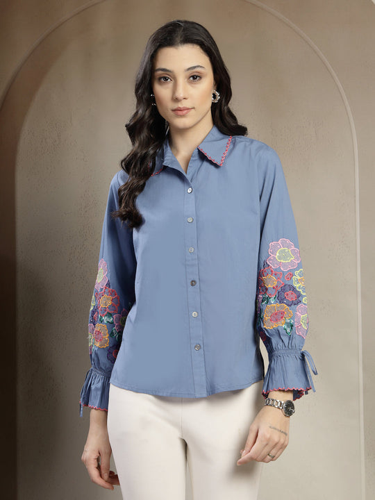 Gipsy Blue Cotton Shirt with Colourful Embroidered Sleeves