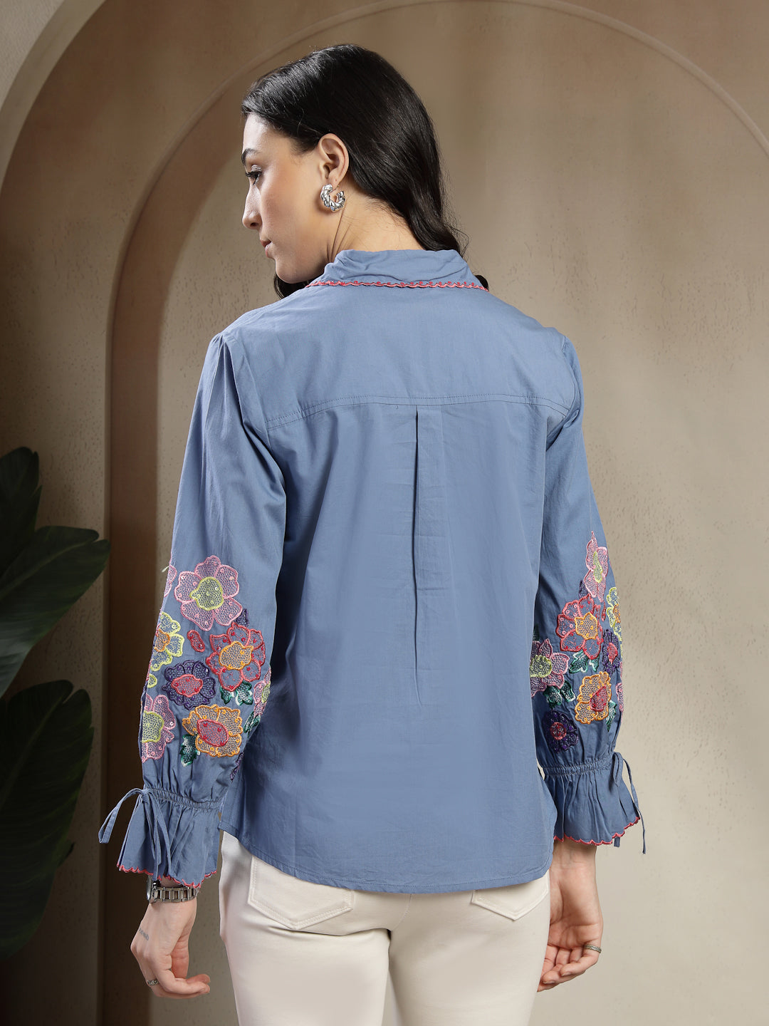 Gipsy Cobalt Blue Cotton Shirt with Colorful Embroidery Sleeves