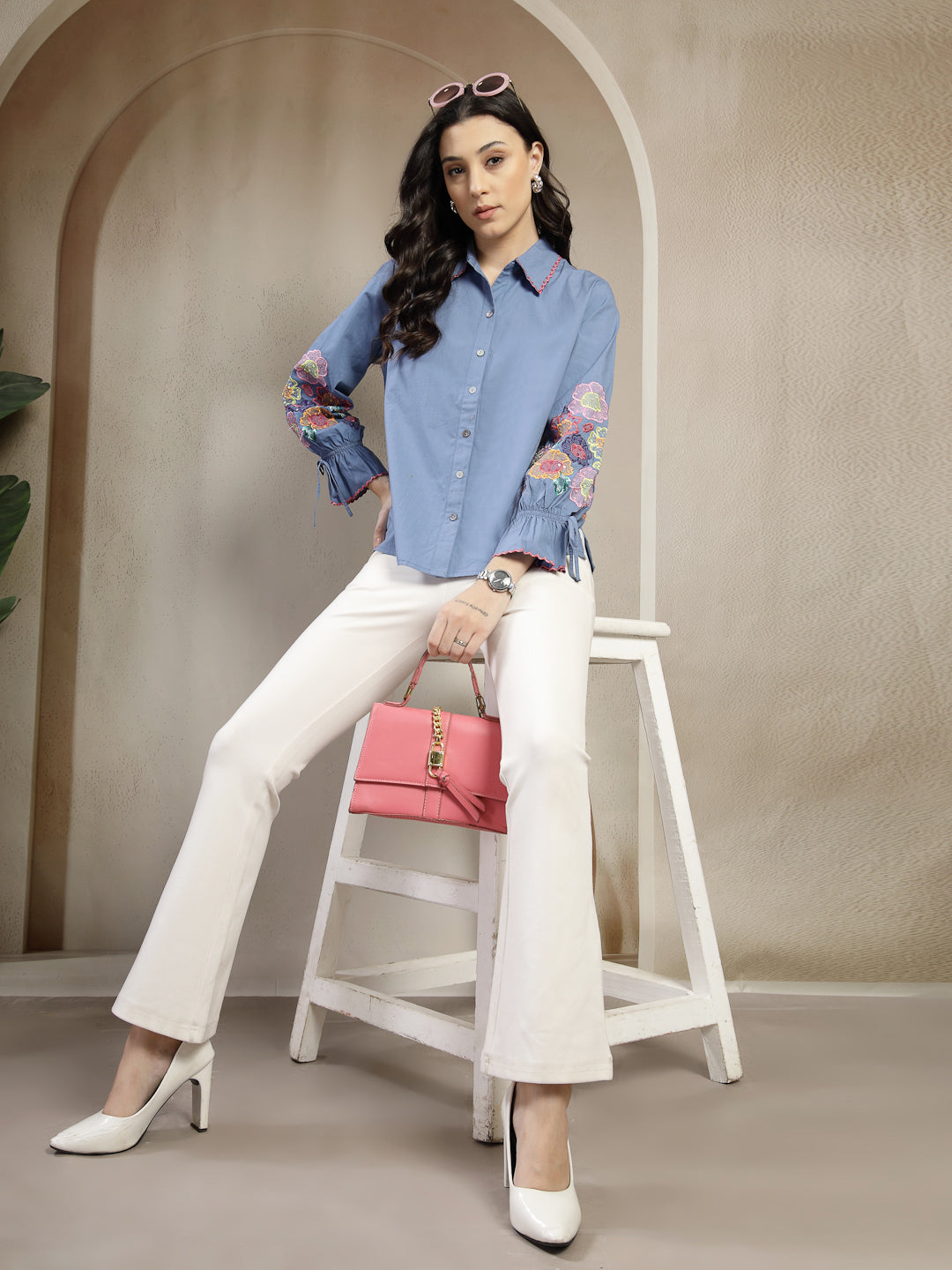 Gipsy Blue Cotton Shirt with Colourful Embroidered Sleeves
