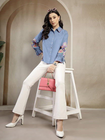 Gipsy Cobalt Blue Cotton Shirt with Colorful Embroidery Sleeves