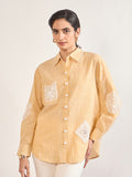 Yellow Cotton Straight Fit 3D Crochet Patchwork Shirt