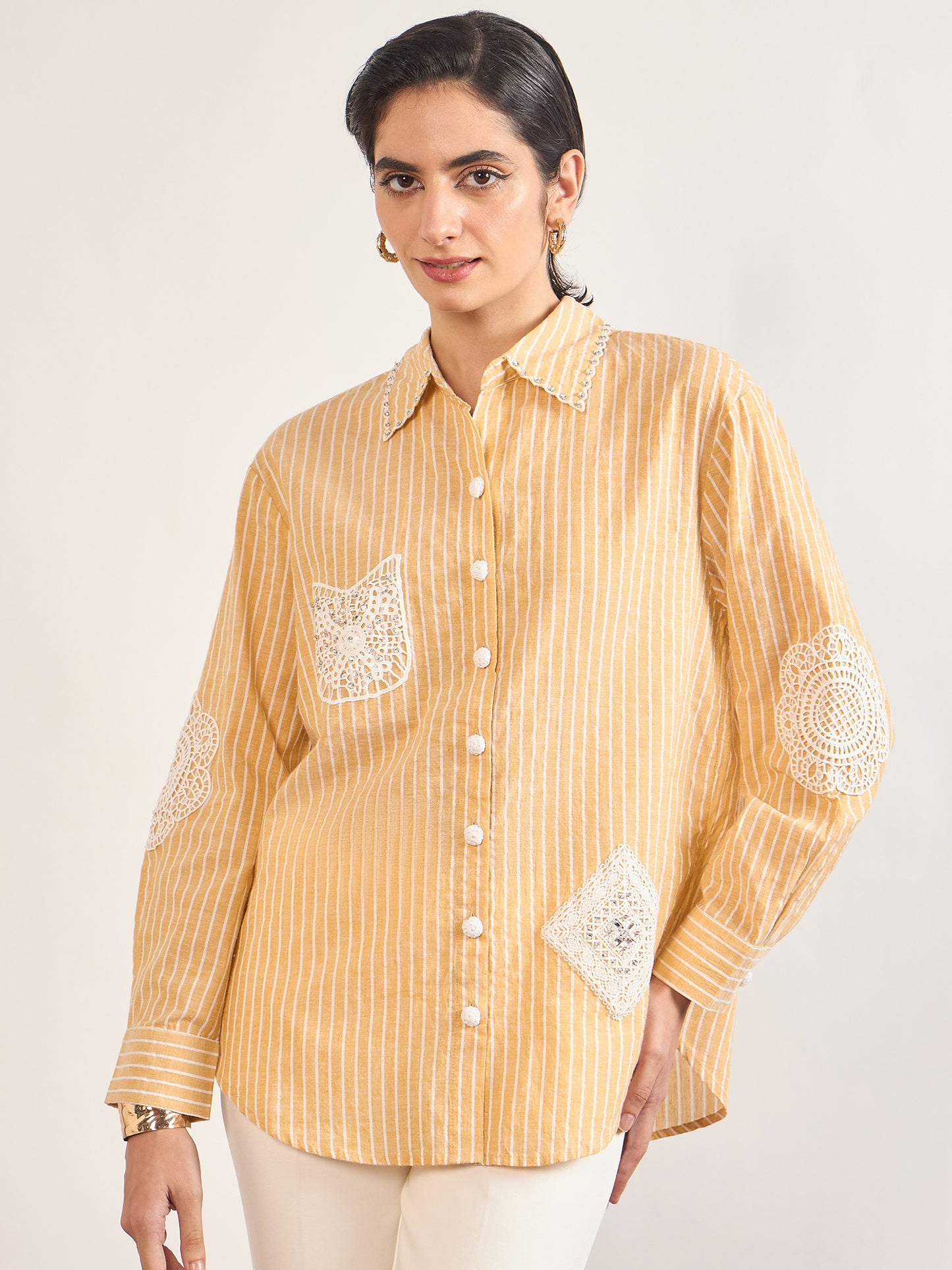 Yellow Cotton Straight Fit 3D Crochet Patchwork Shirt