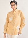 Yellow Cotton Straight Fit 3D Crochet Patchwork Shirt