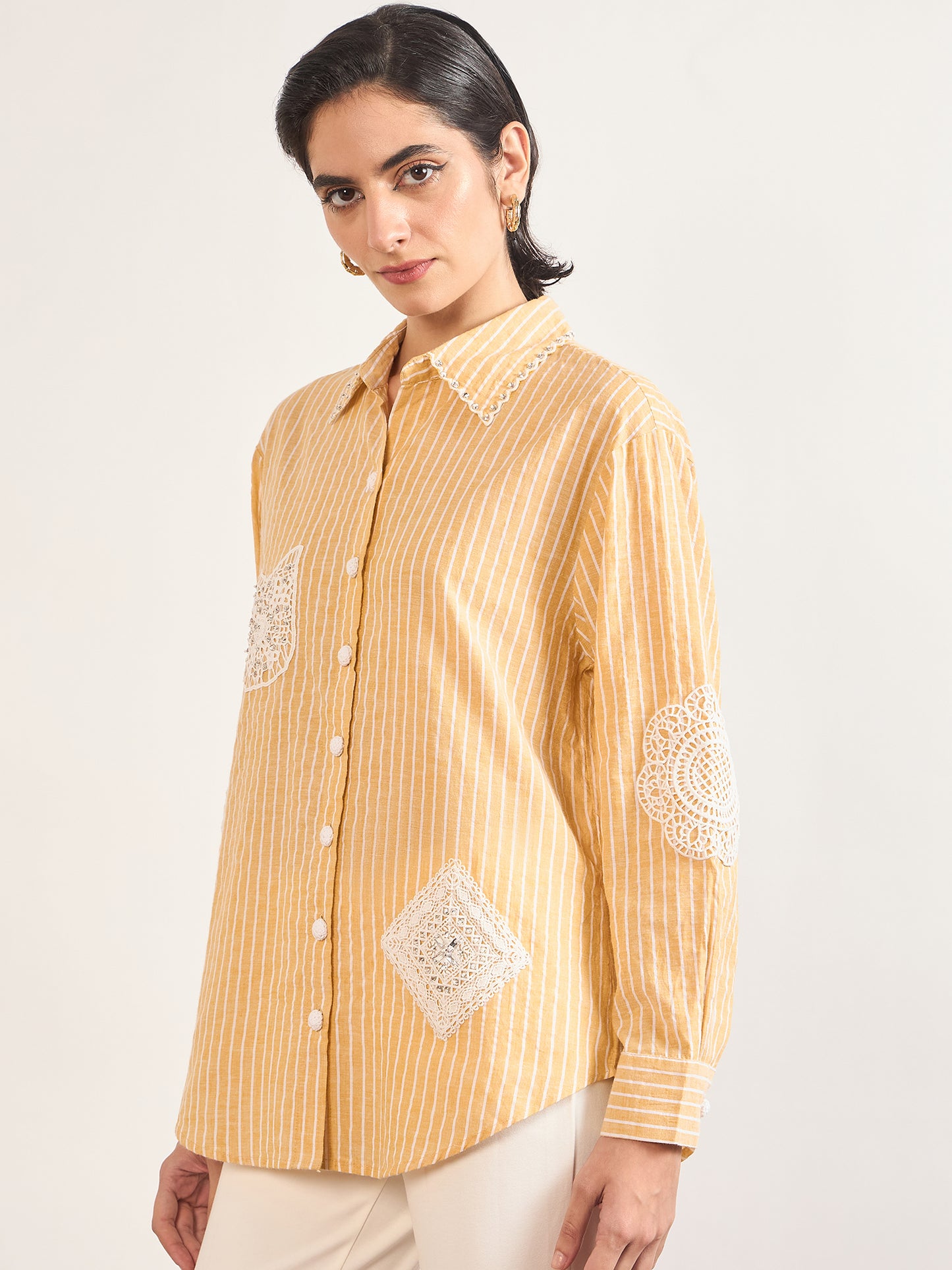 Yellow Cotton Straight Fit 3D Crochet Patchwork Shirt