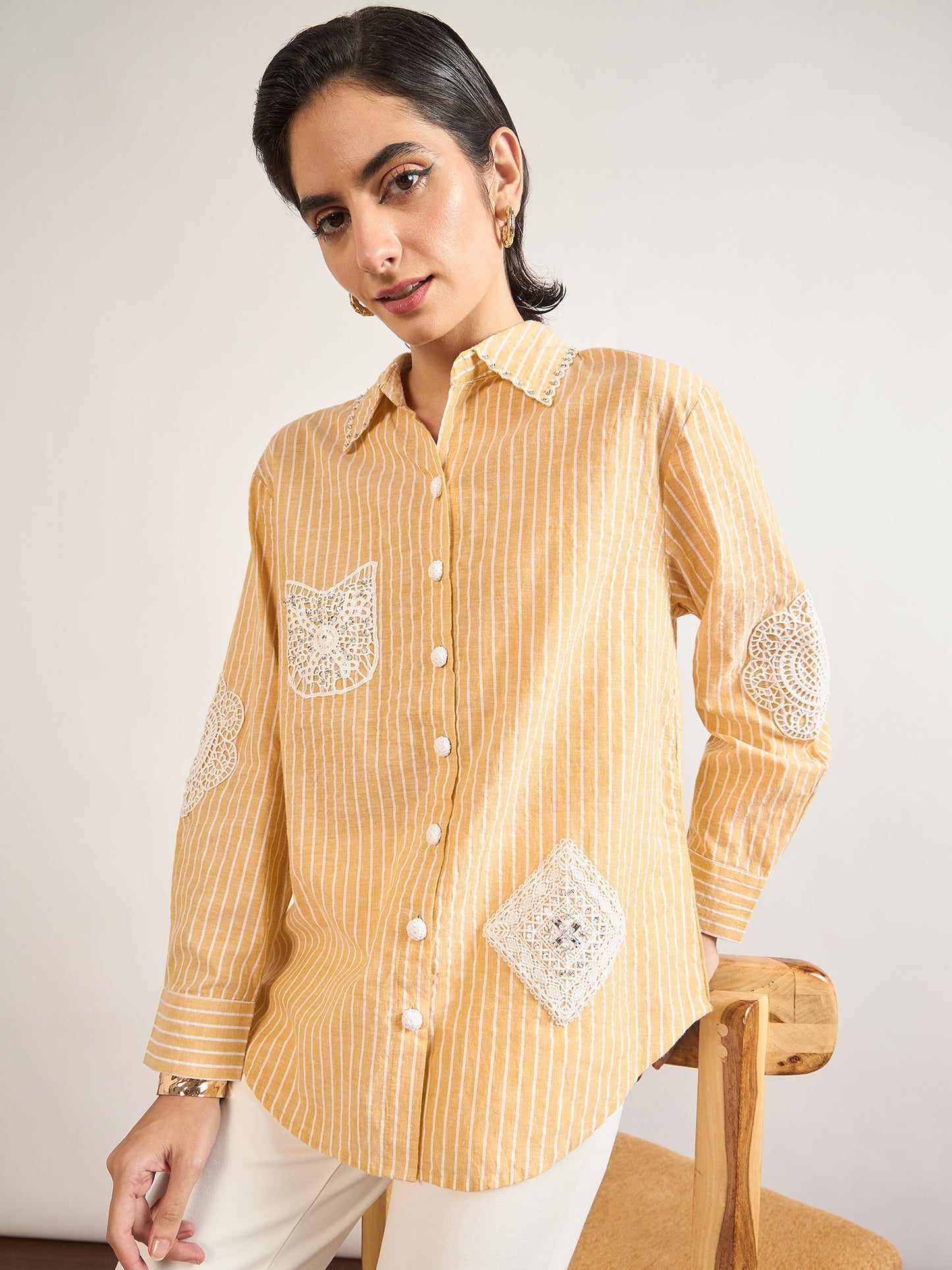 Yellow Cotton Straight Fit 3D Crochet Patchwork Shirt