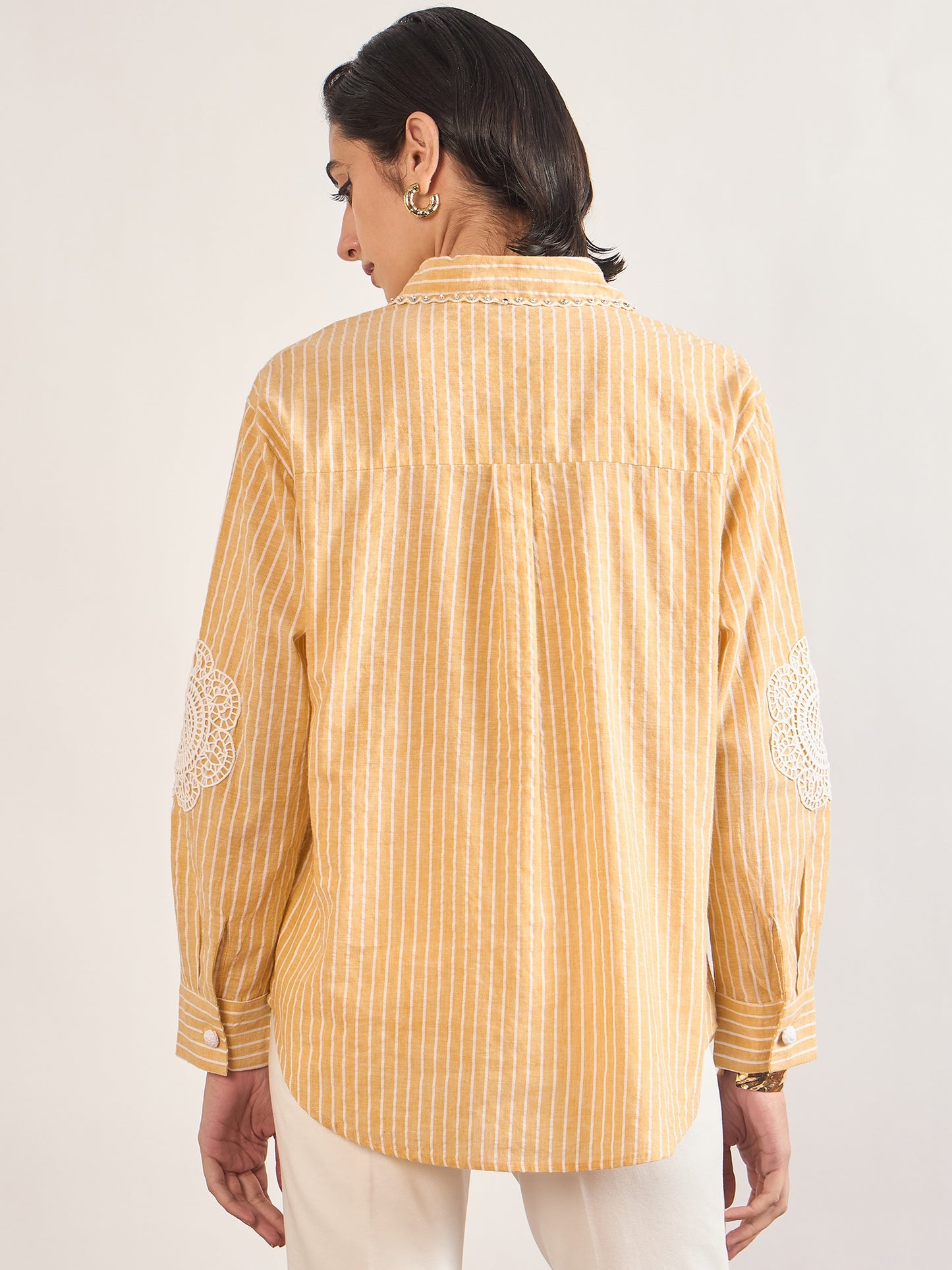 Yellow Cotton Straight Fit 3D Crochet Patchwork Shirt