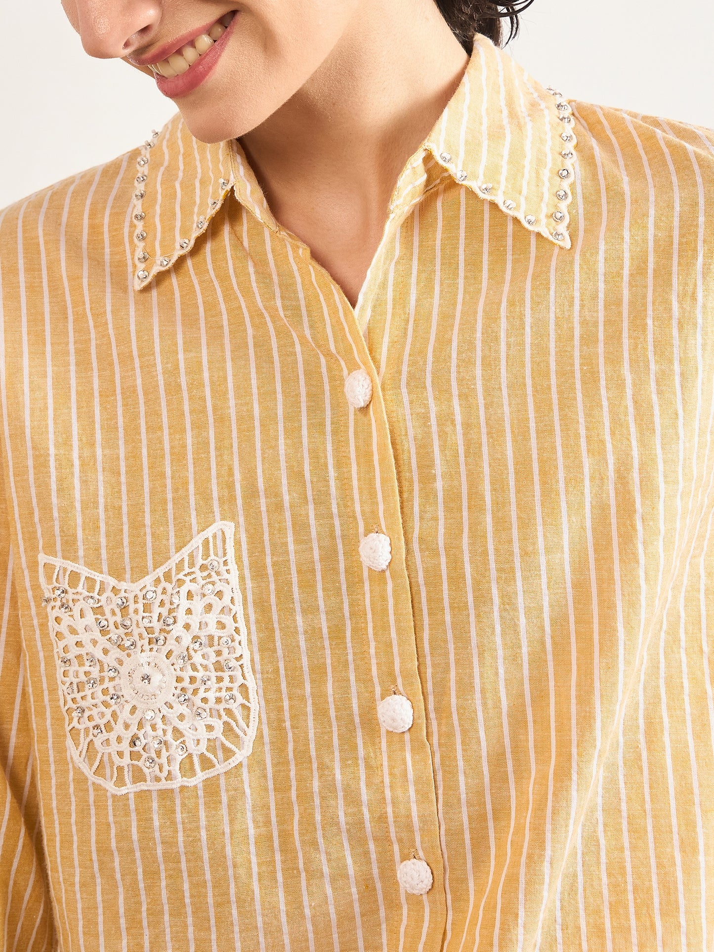 Yellow Cotton Straight Fit 3D Crochet Patchwork Shirt
