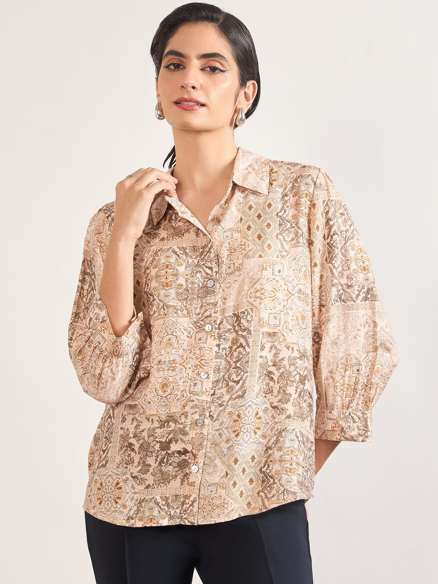 Beige Rayon Abstract Printed Shirt
