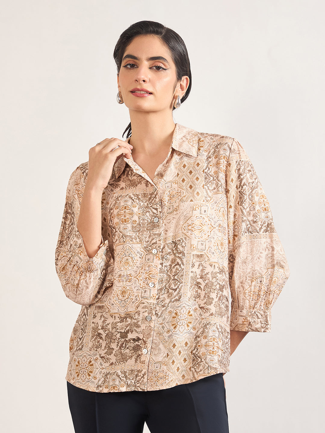 Beige Rayon Abstract Printed Shirt