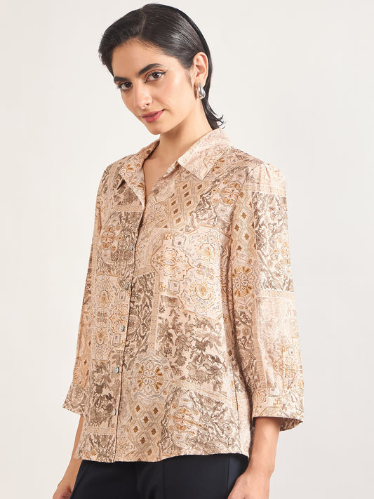 Beige Rayon Abstract Printed Shirt