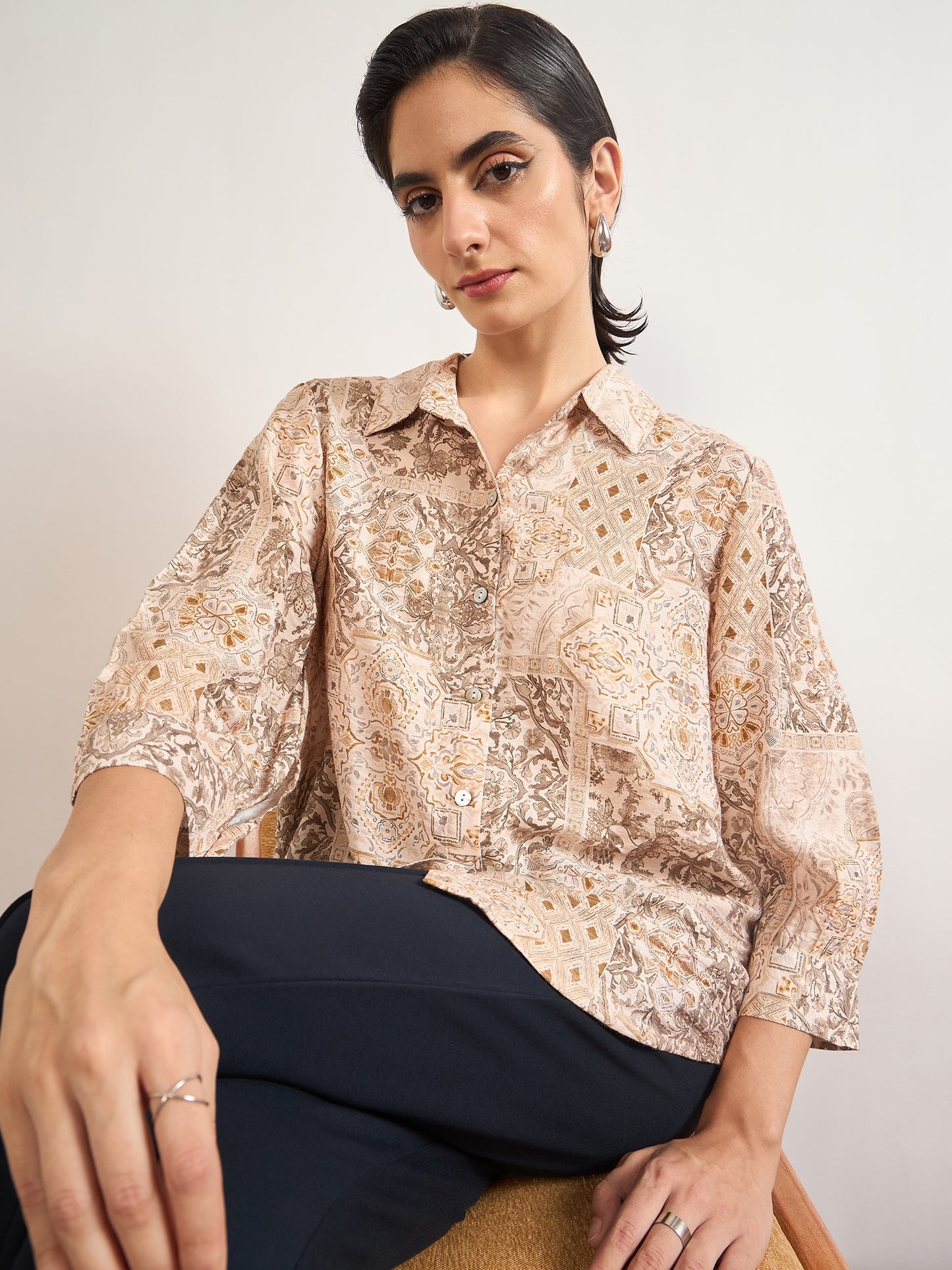 Beige Rayon Abstract Printed Shirt