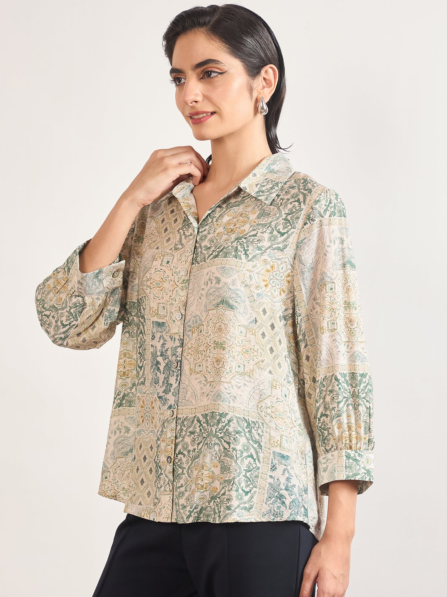 Sage Rayon Abstract Printed Shirt