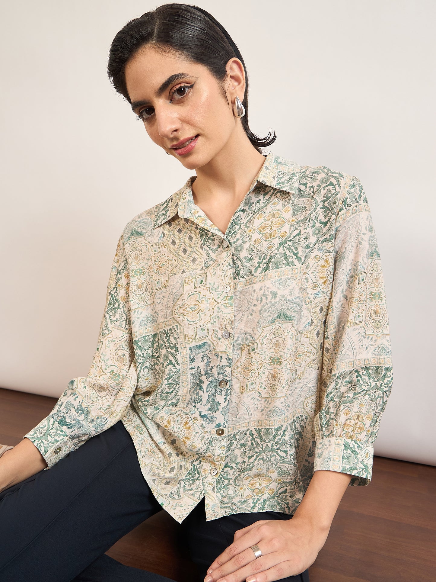 Sage Rayon Abstract Printed Shirt