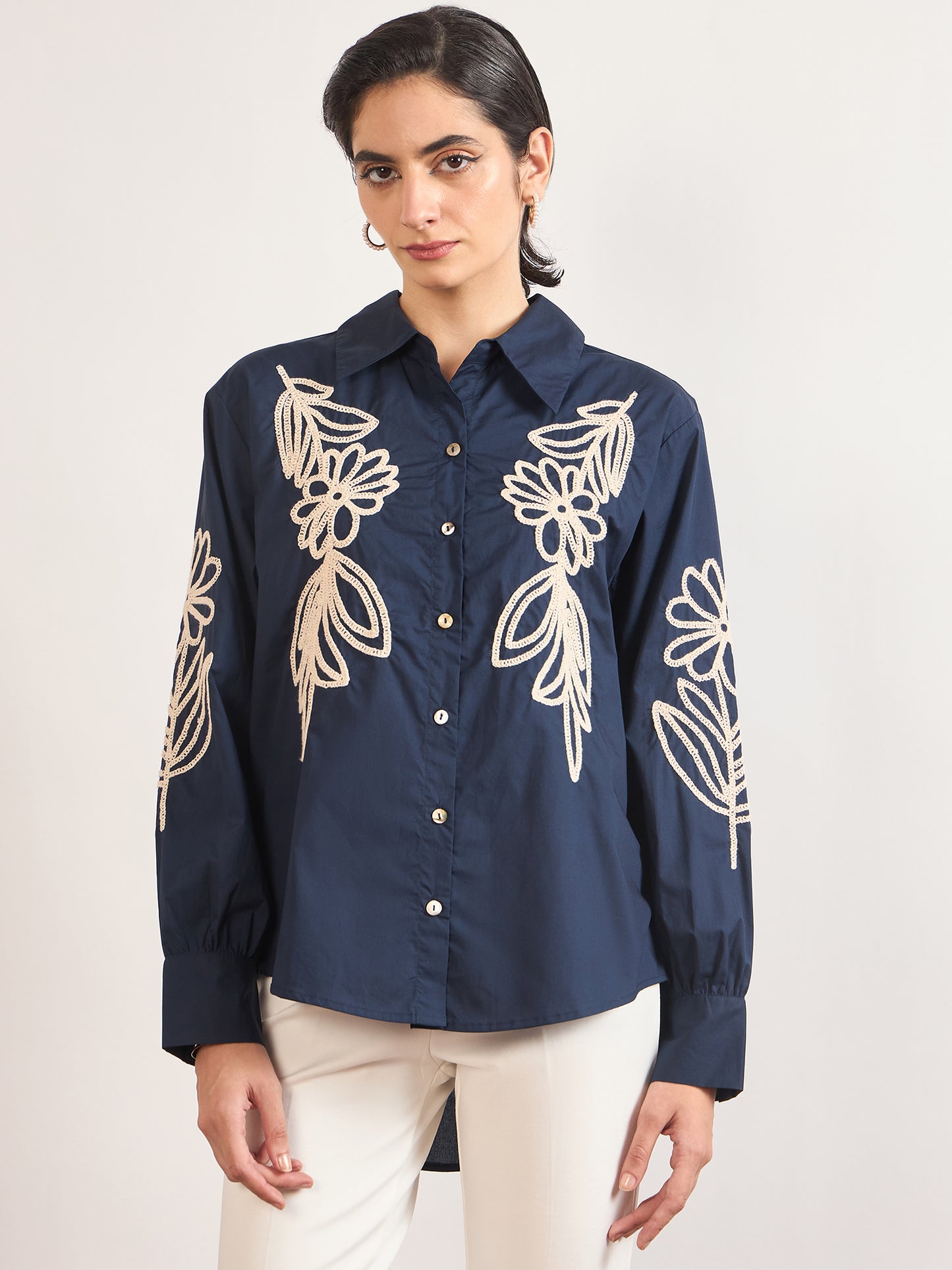 Navy Cotton A-Line Cuffed Sleeves Embroidery Shirt