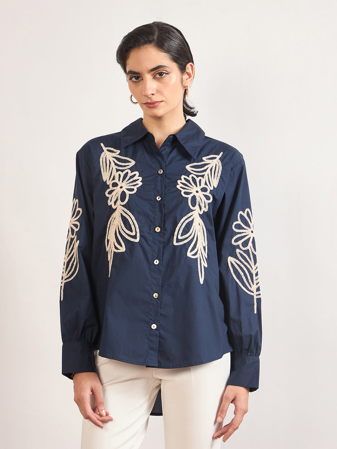 Navy Cotton A-Line Cuffed Sleeves Embroidery Shirt