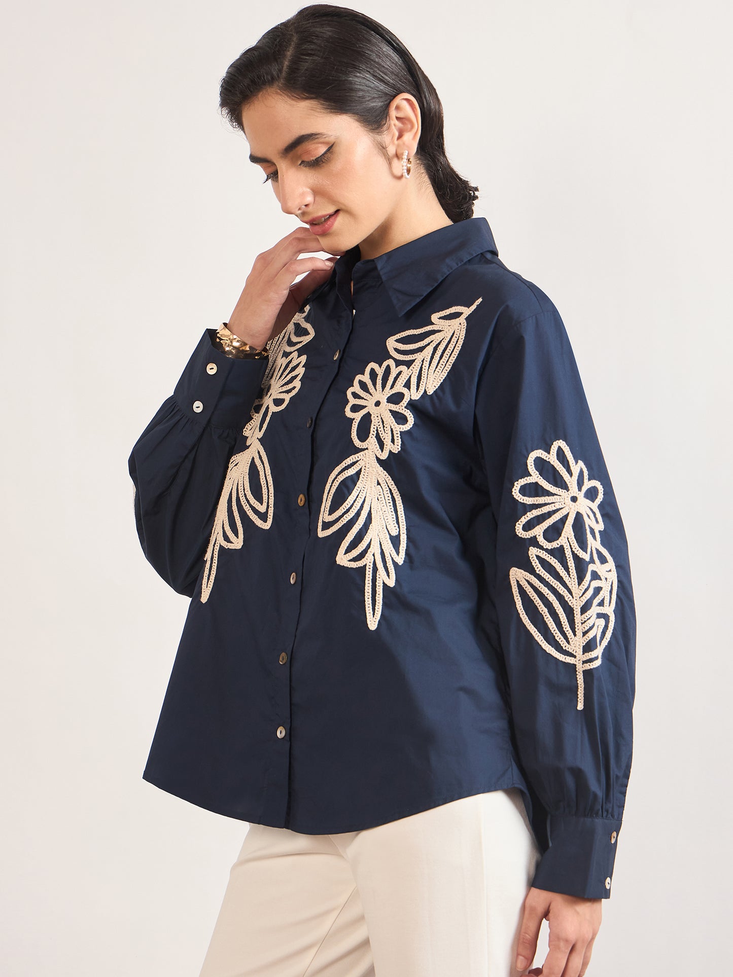 Navy Cotton A-Line Cuffed Sleeves Embroidery Shirt